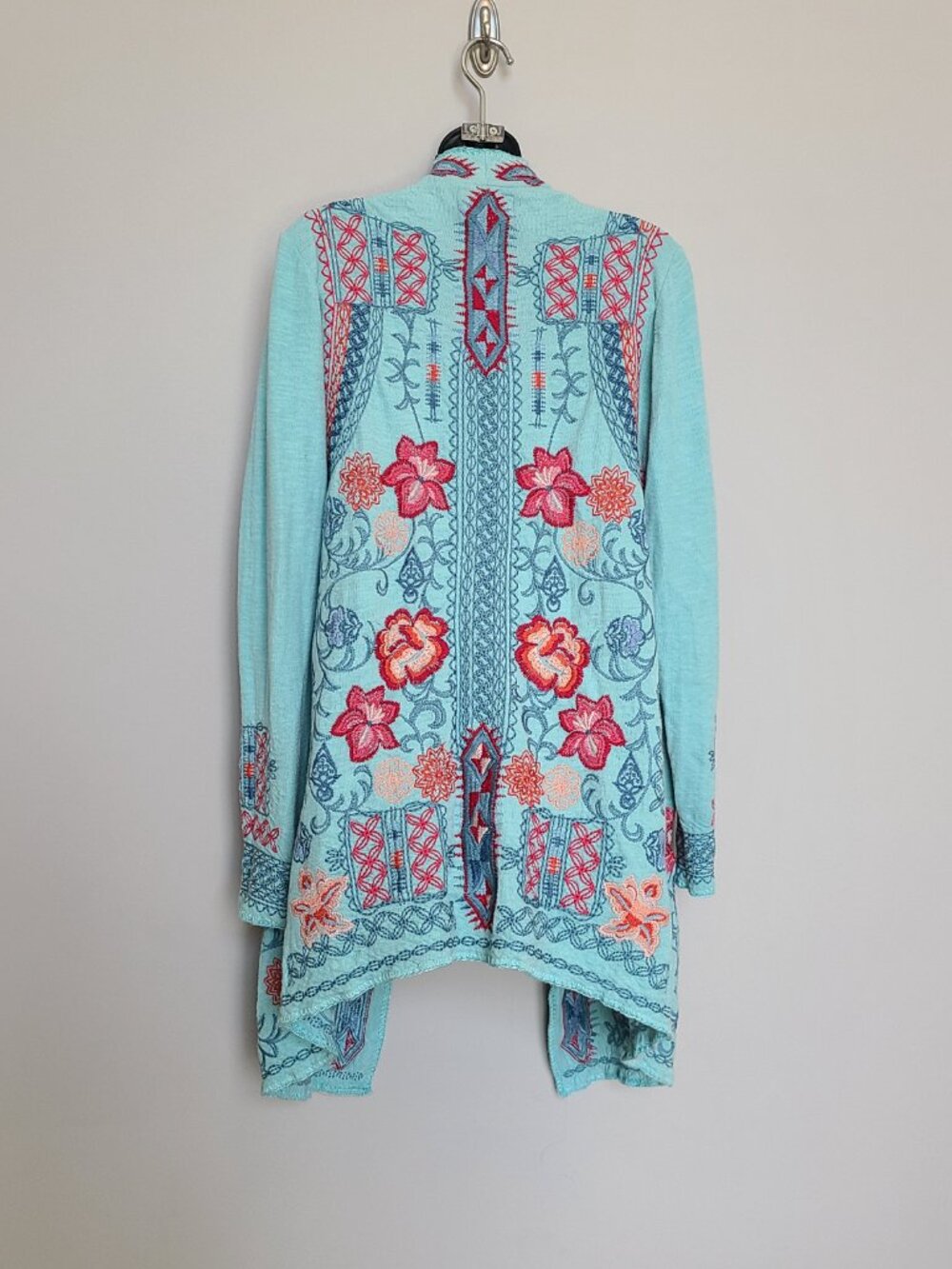 Biya Johnny Was Turquoise Embroidered Open Front Cardigan Size Medium - Picture 2 of 6